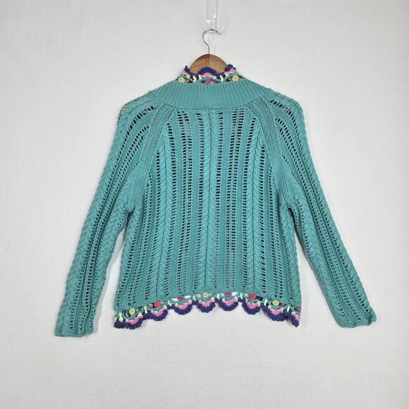 VTG Relativity Cardigan Sweater sz L* Teal Tie Front Cotton Boho Cottagecore - Picture 12 of 16